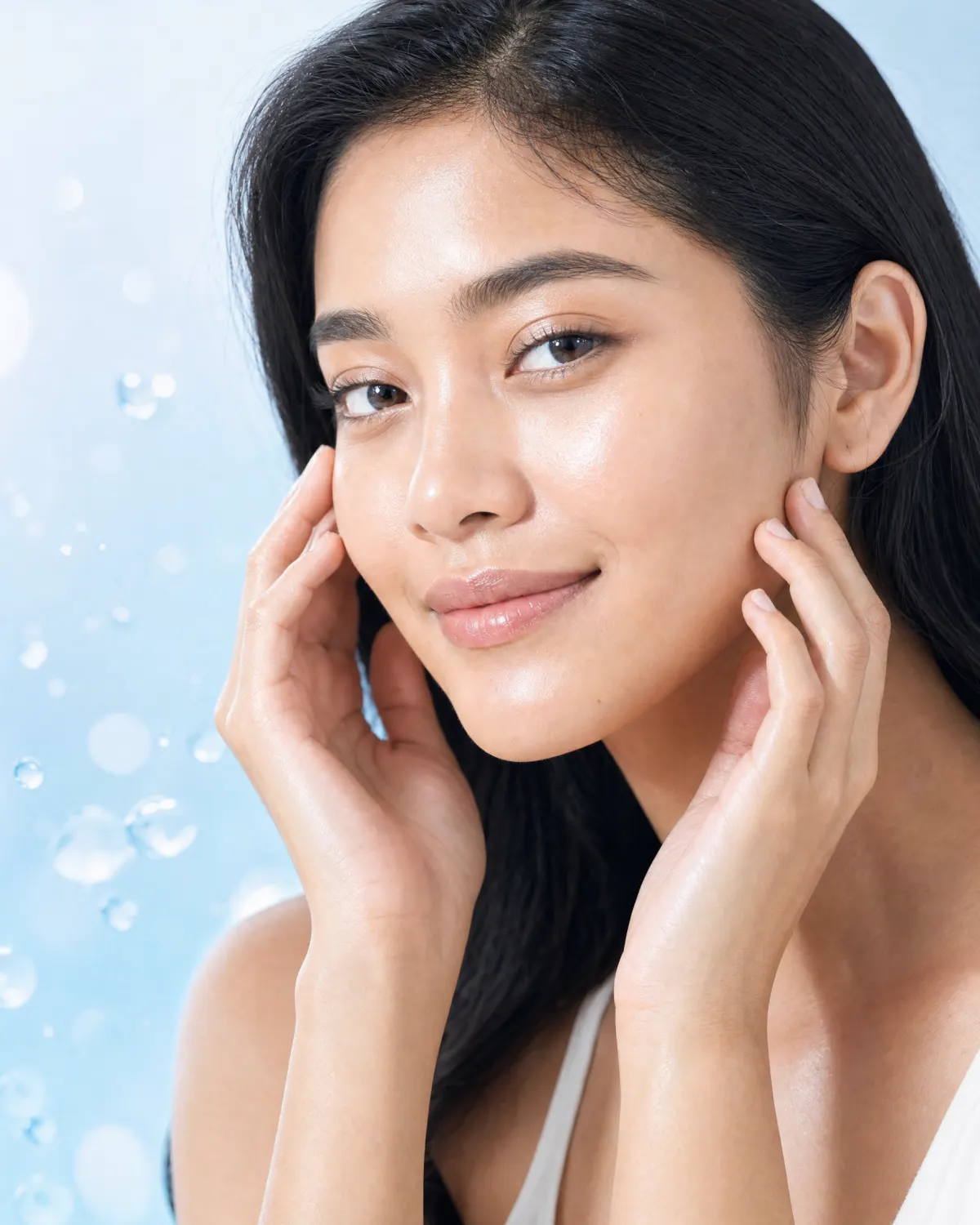 Perempuan Indonesia dengan kulit glowing, lembap, dan kenyal setelah treatment skin booster Juvelook